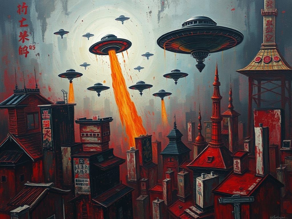 UFOs Attack Tokyo in Bloody, Chaotic Oil Painting