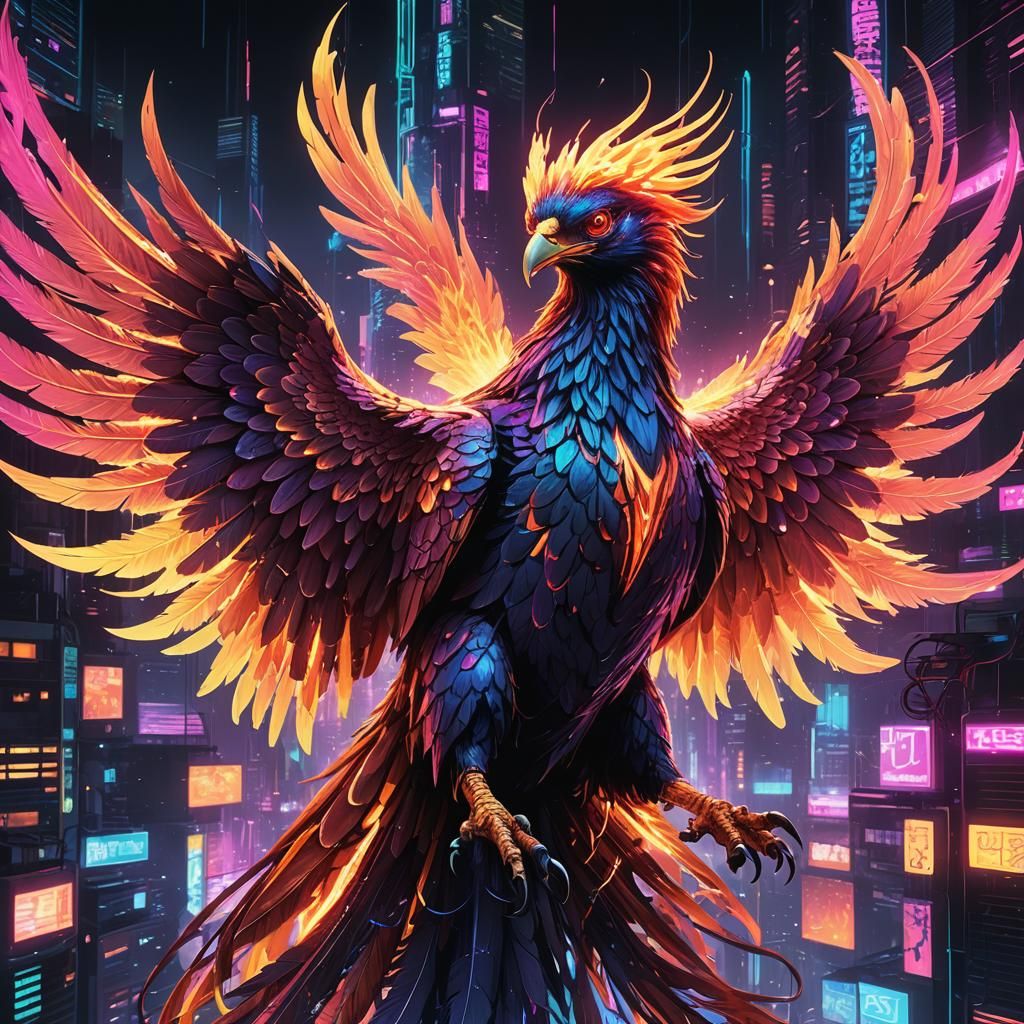 Cyberpunk Phoenix Rises from Digital Ash