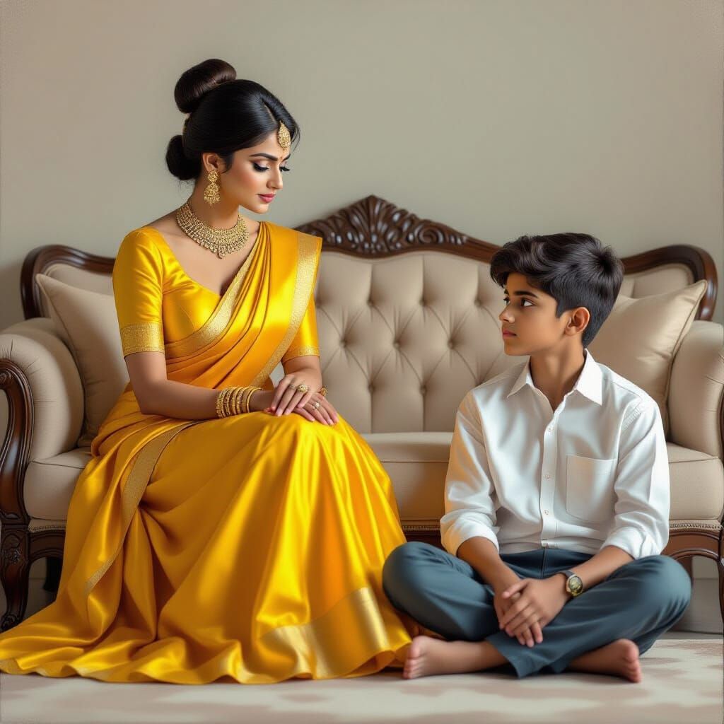 Indian Woman in Yellow Skirt Admonishing Boy, Hyperrealistic...