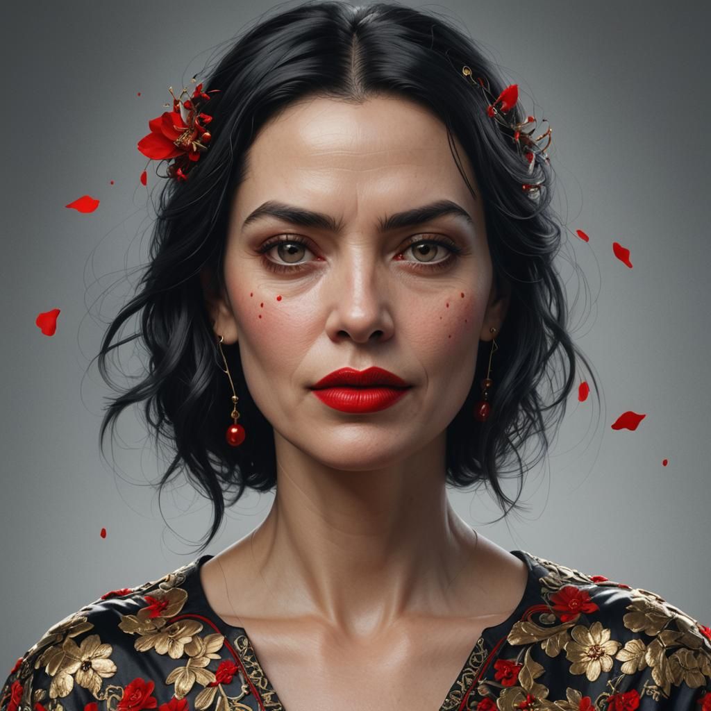 Hyperrealistic Portrait of Woman with Three Sets of Eyes