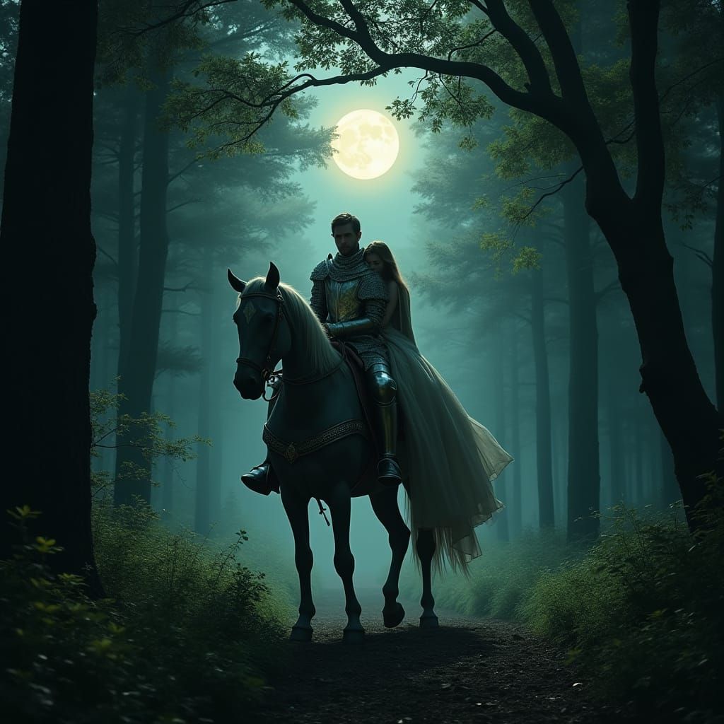 Ethereal Knightly Procession Under Moonlit Canopy
