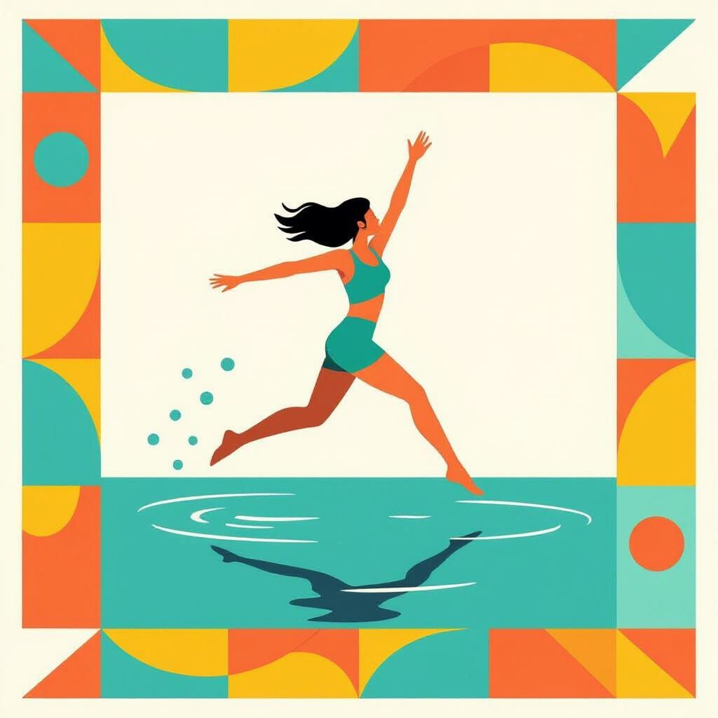 Woman Jumping into Water: Mid-Century Modern Acrylic Art