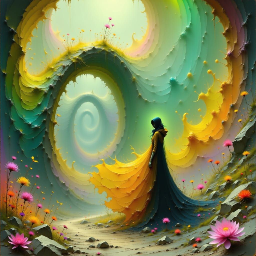 Woman at Edge of Iridescent Vortex Tunnel