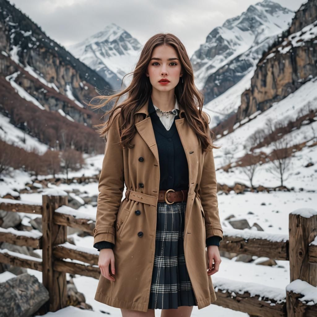 Girl in Snowy Mountains with Depth of Field