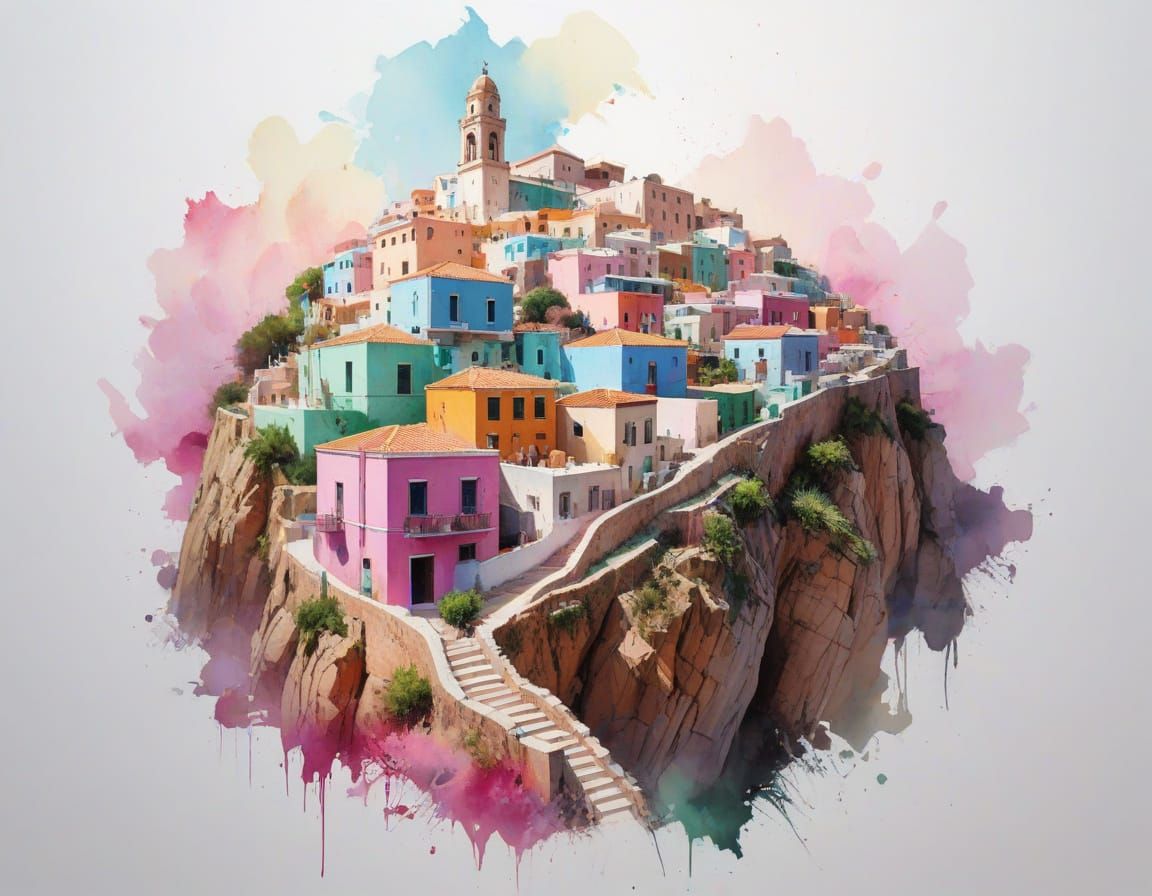 Rainbow Homes on Guanajuato Hillside in Watercolour Style