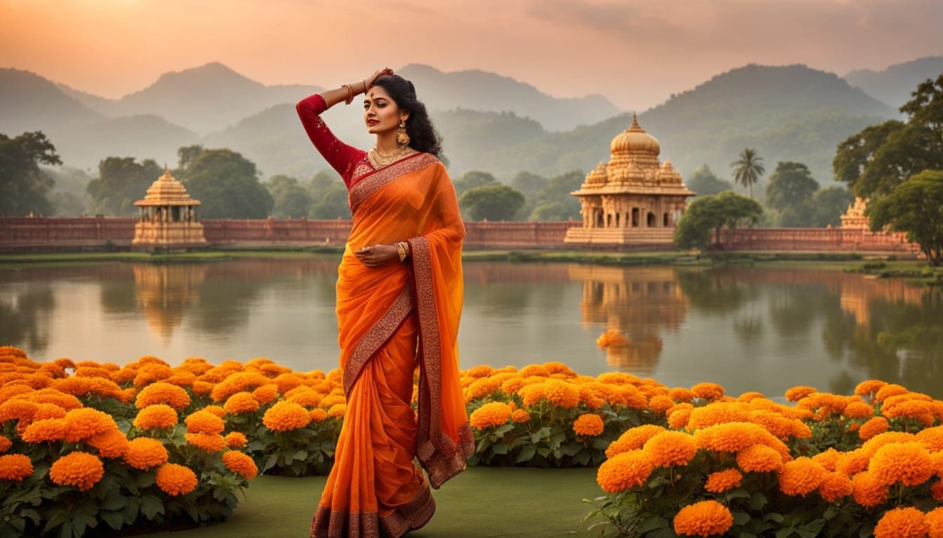 Serene Indian Temple and Dancer in Golden Light