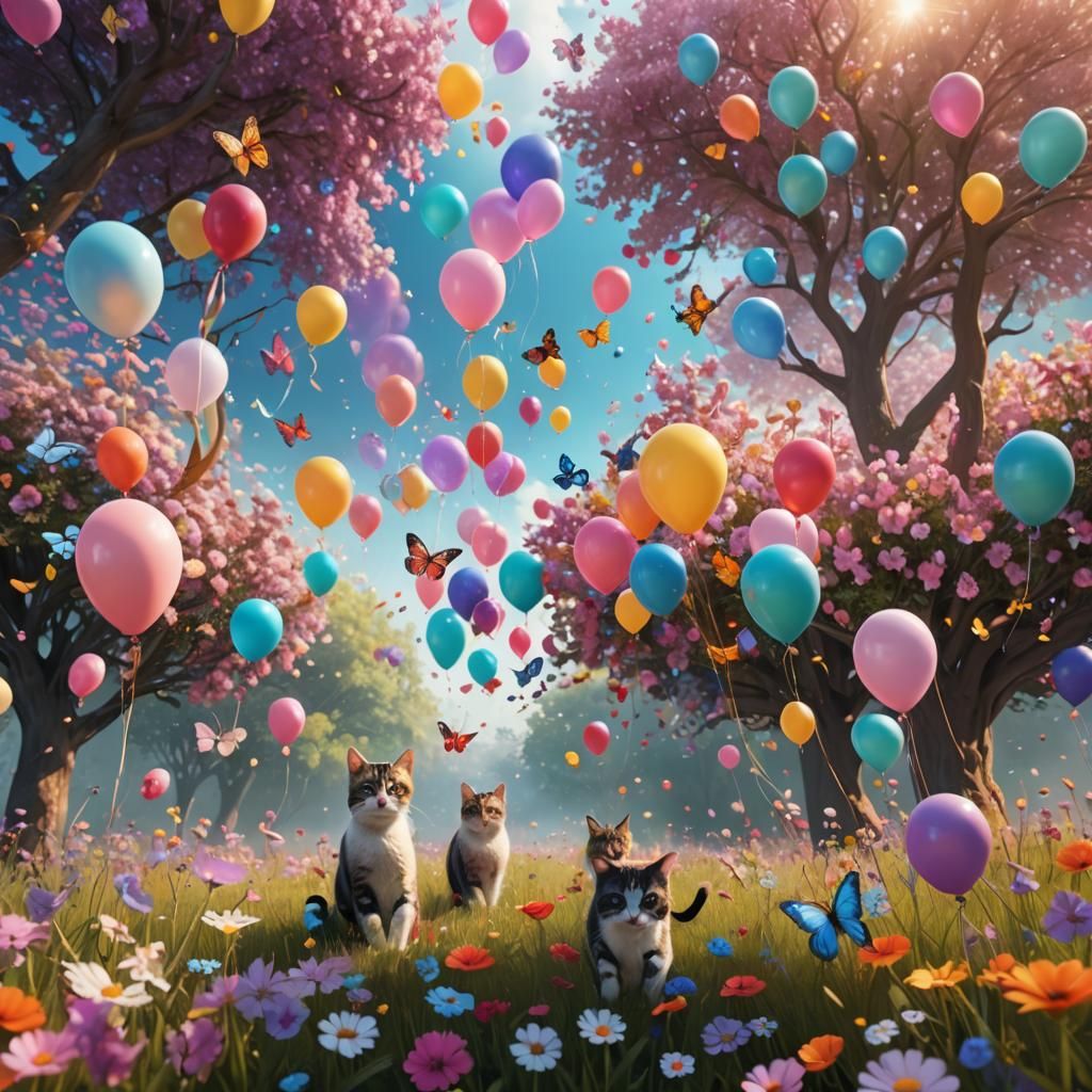 Dreamlike Meadow: Balloons, Butterflies, and Cats