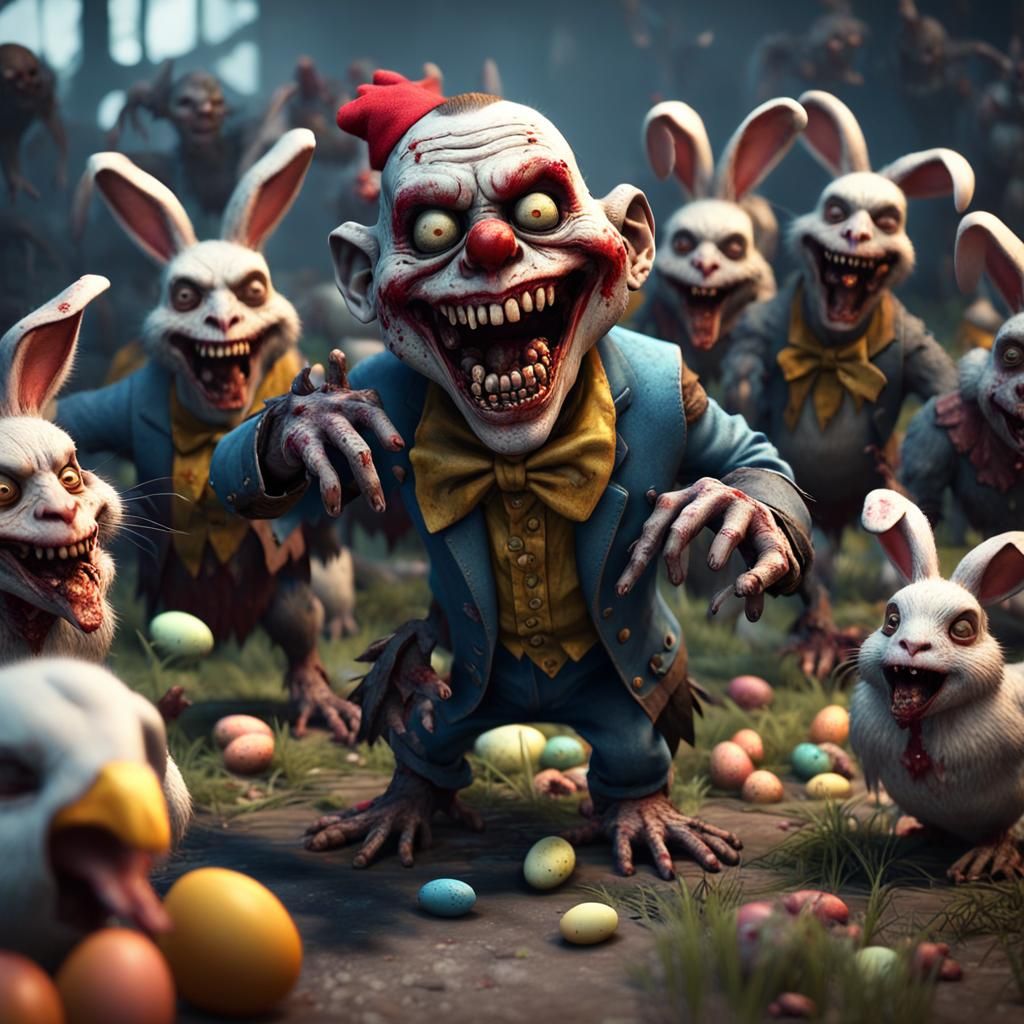 Zombie Monkey Clown Surrounded by Zombie Bunnies