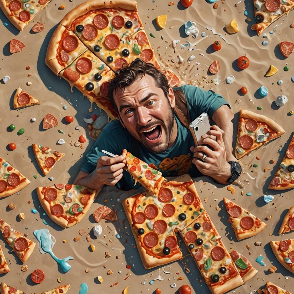 Phone Eats Pizza at the Beach: Hyperrealistic Splash Art