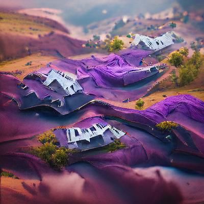 Purple Hills with Houses: Fantasy Concept Art