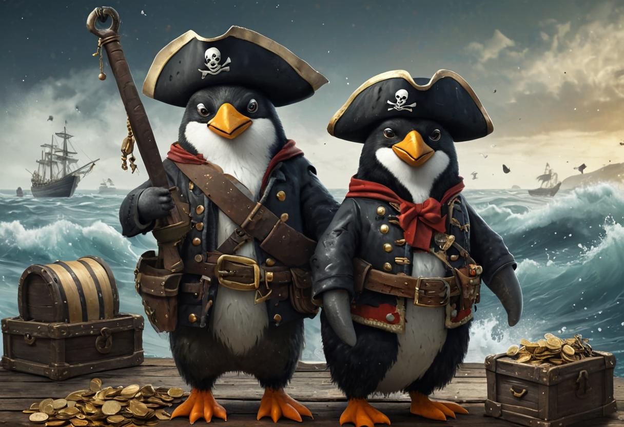 Penguin Pirates Discover Treasure: Whimsical Illustration