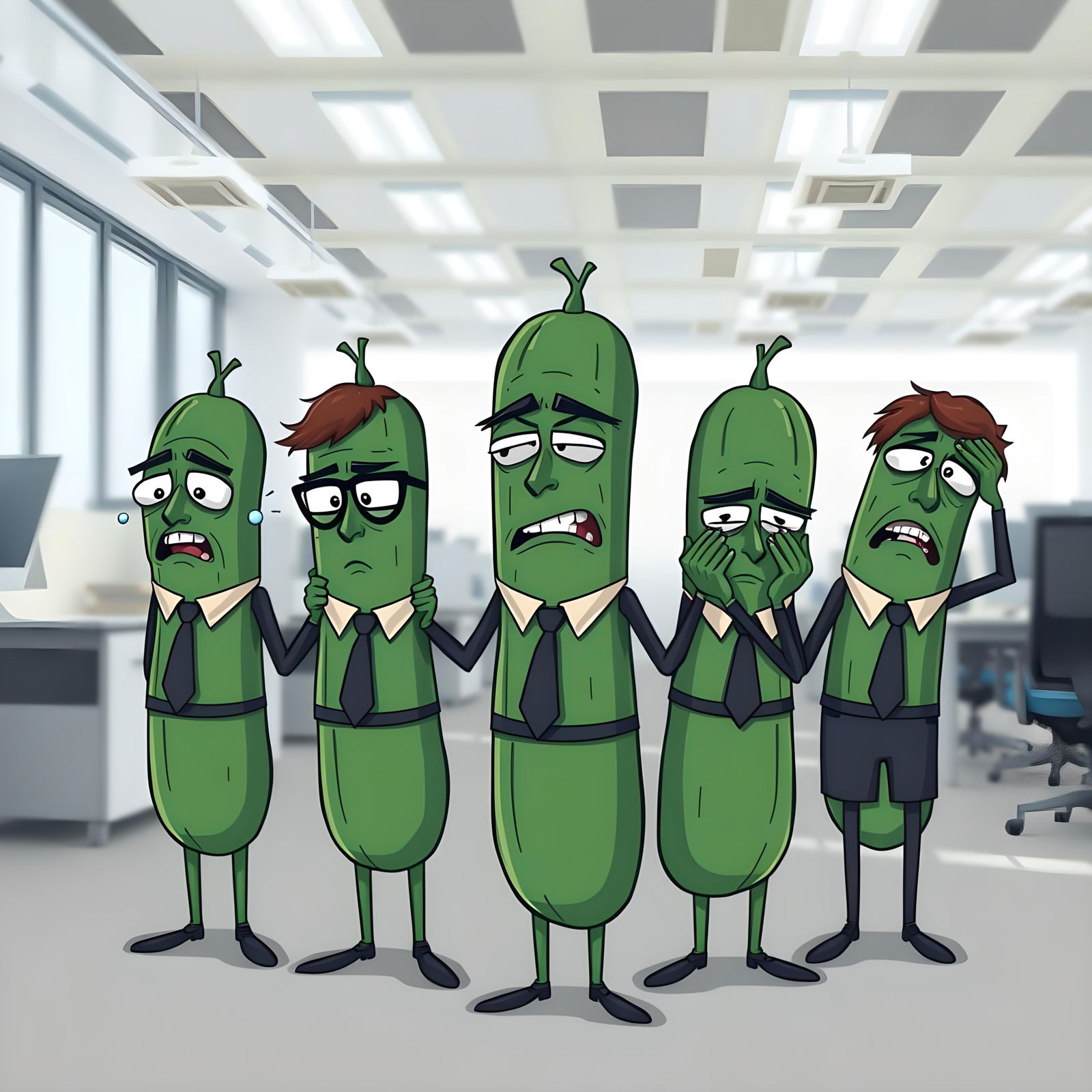 Humorous Image of Anxious Humanoid Cucumbers
