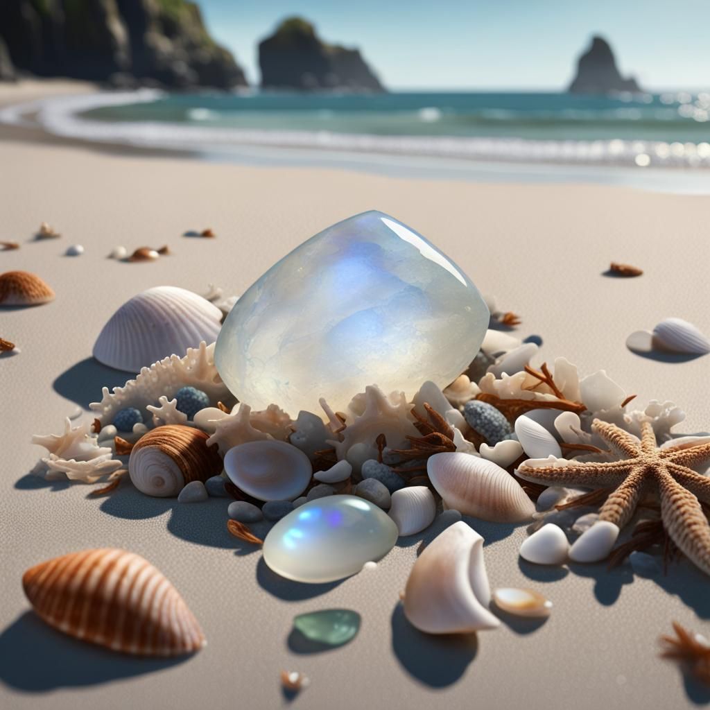 Moonstone Still Life on Beach with Seaglass