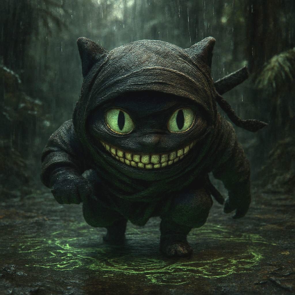 Tiny Cheshire Cat Ninja in Dark Rainforest