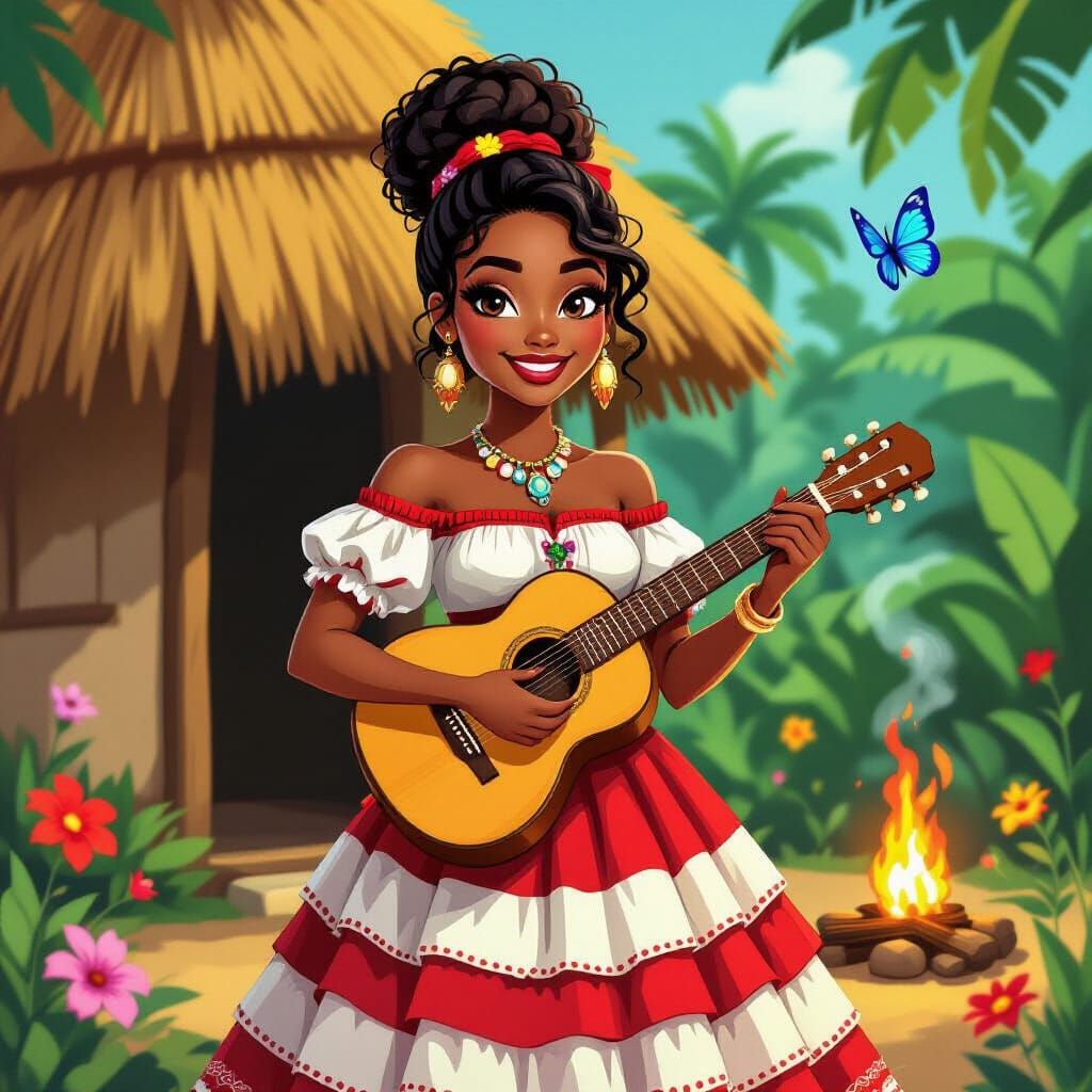 Panamanian Woman with Guitar in Cartoon Style