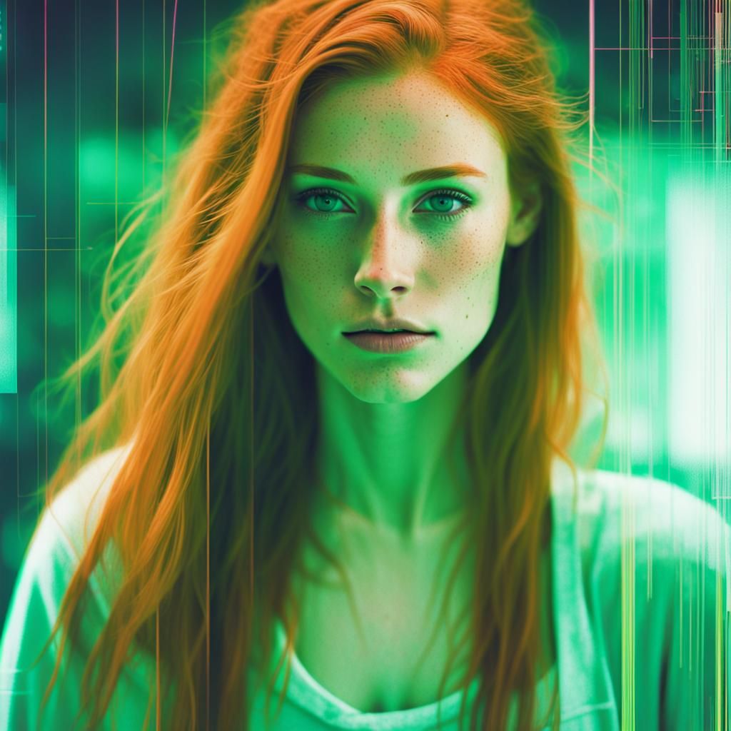 Redhead Woman with Glitch Effect in Cyberpunk Style