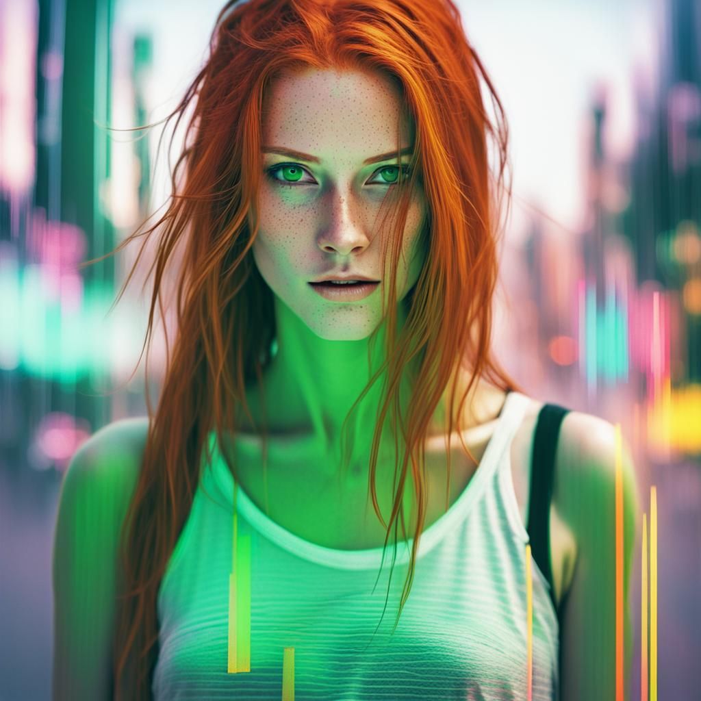 Redhead Woman with Glitch Effect in Cyberpunk Style