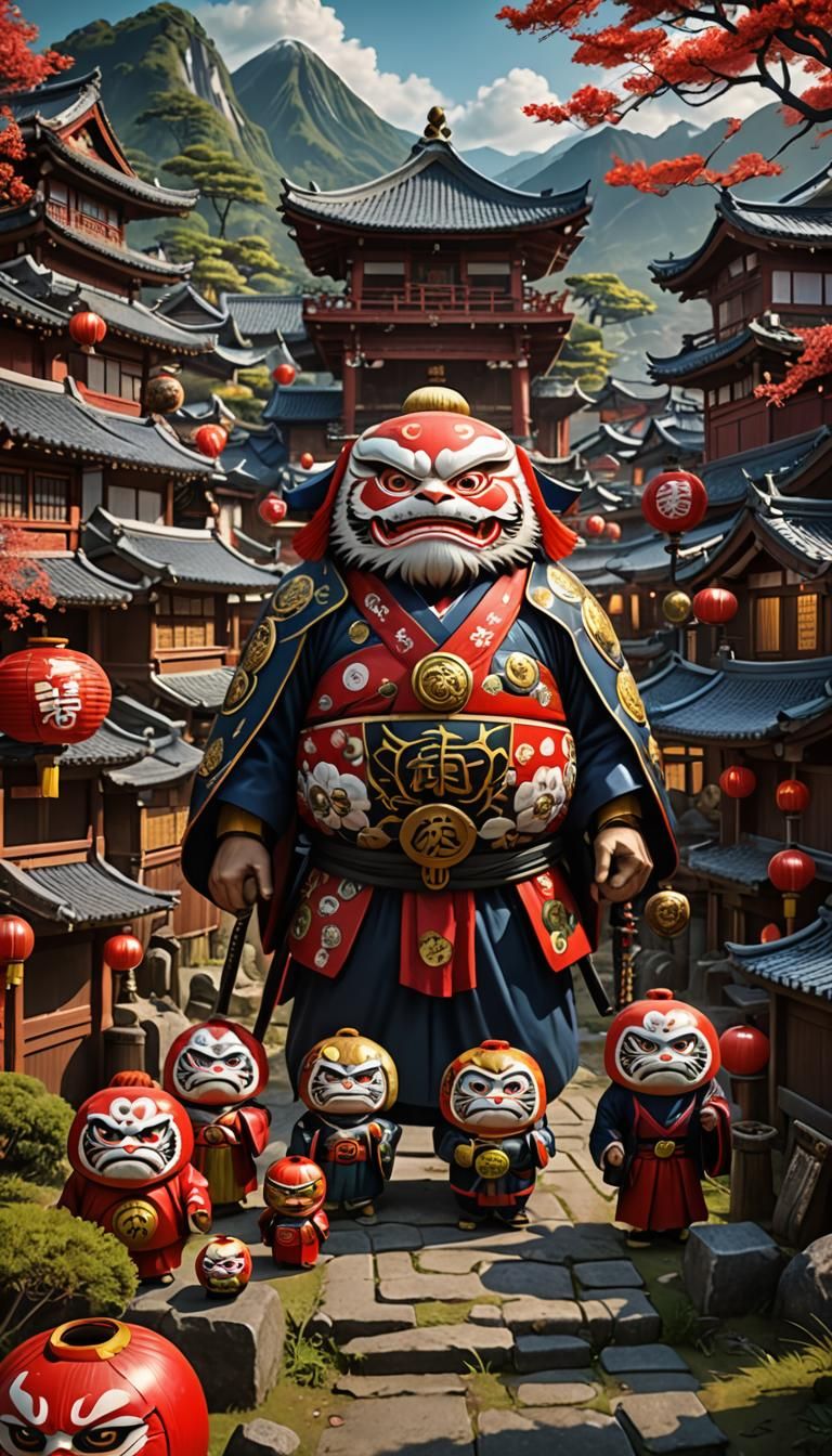 Japanese Village with Daruma Family and Samurai