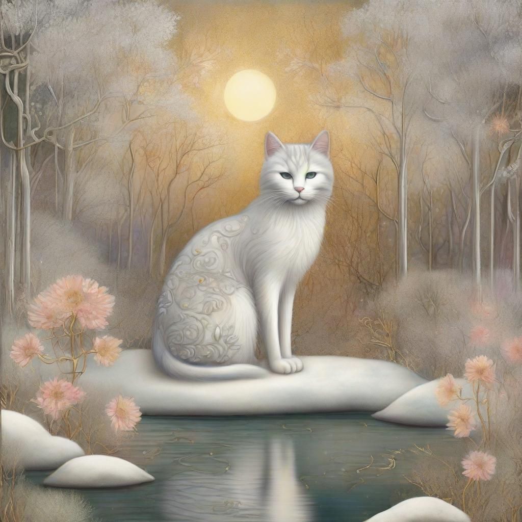 Silver Cat in Winter Landscape, Digital Painting