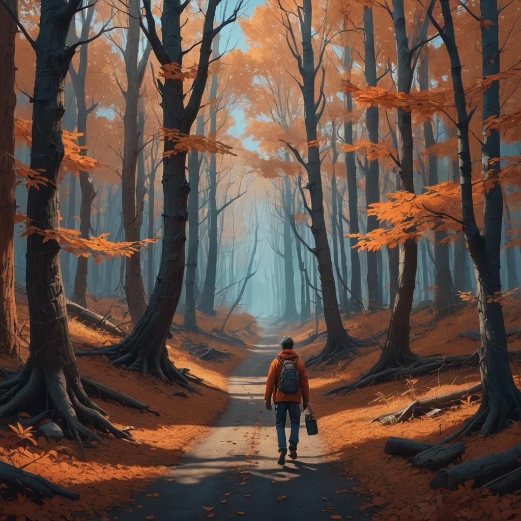 Fantasy Forest Path with Figure in Autumn Light