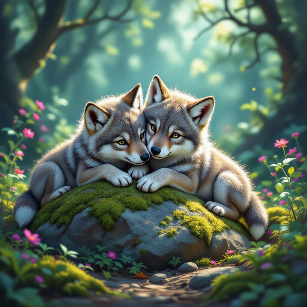 Adorable Wolf Cubs Snuggling on Boulder in Enchanted Forest
