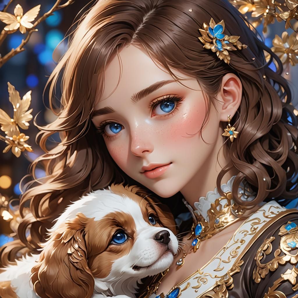 Anime Style Portrait of Woman with Puppy