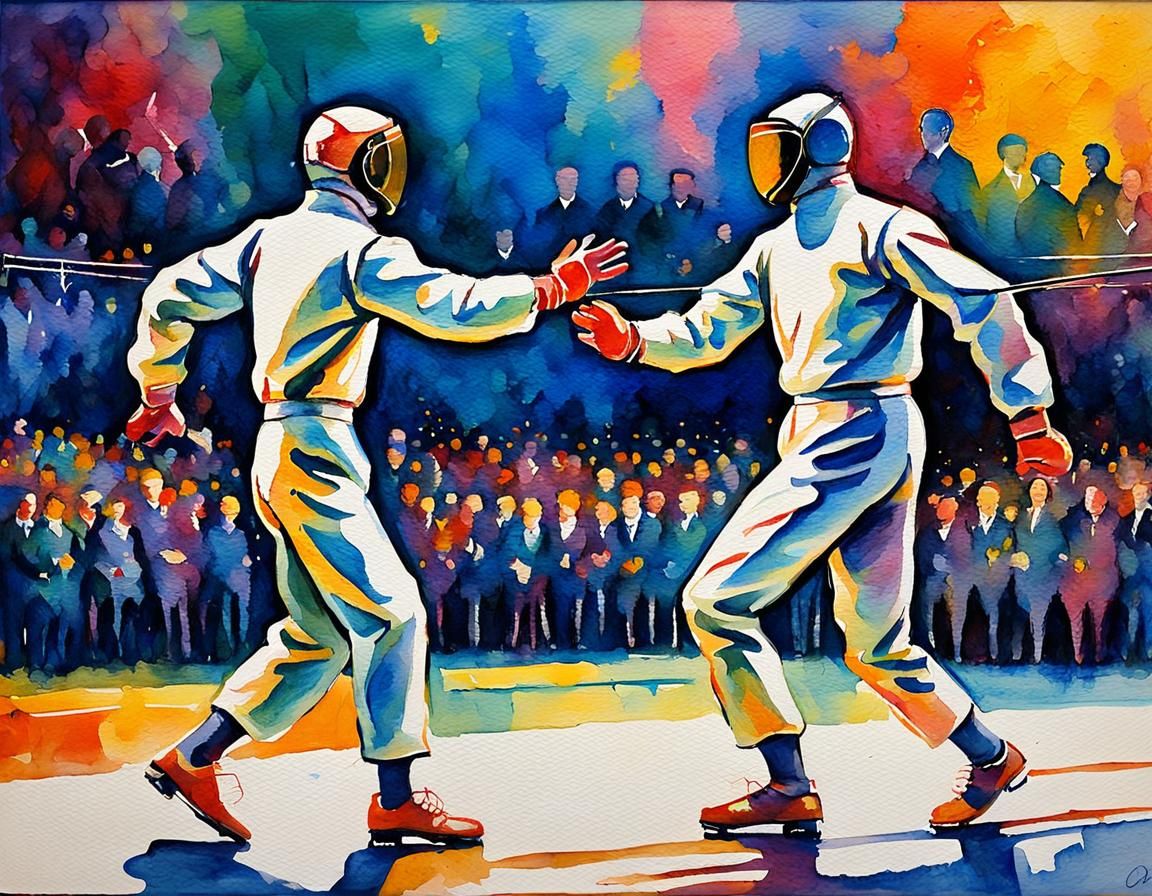 Fencers on Olympic Stage in Expressionist Watercolor