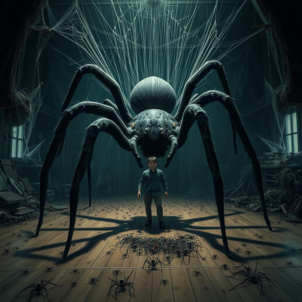 Gargantuan Black Widow Spider in Dimly Lit Room