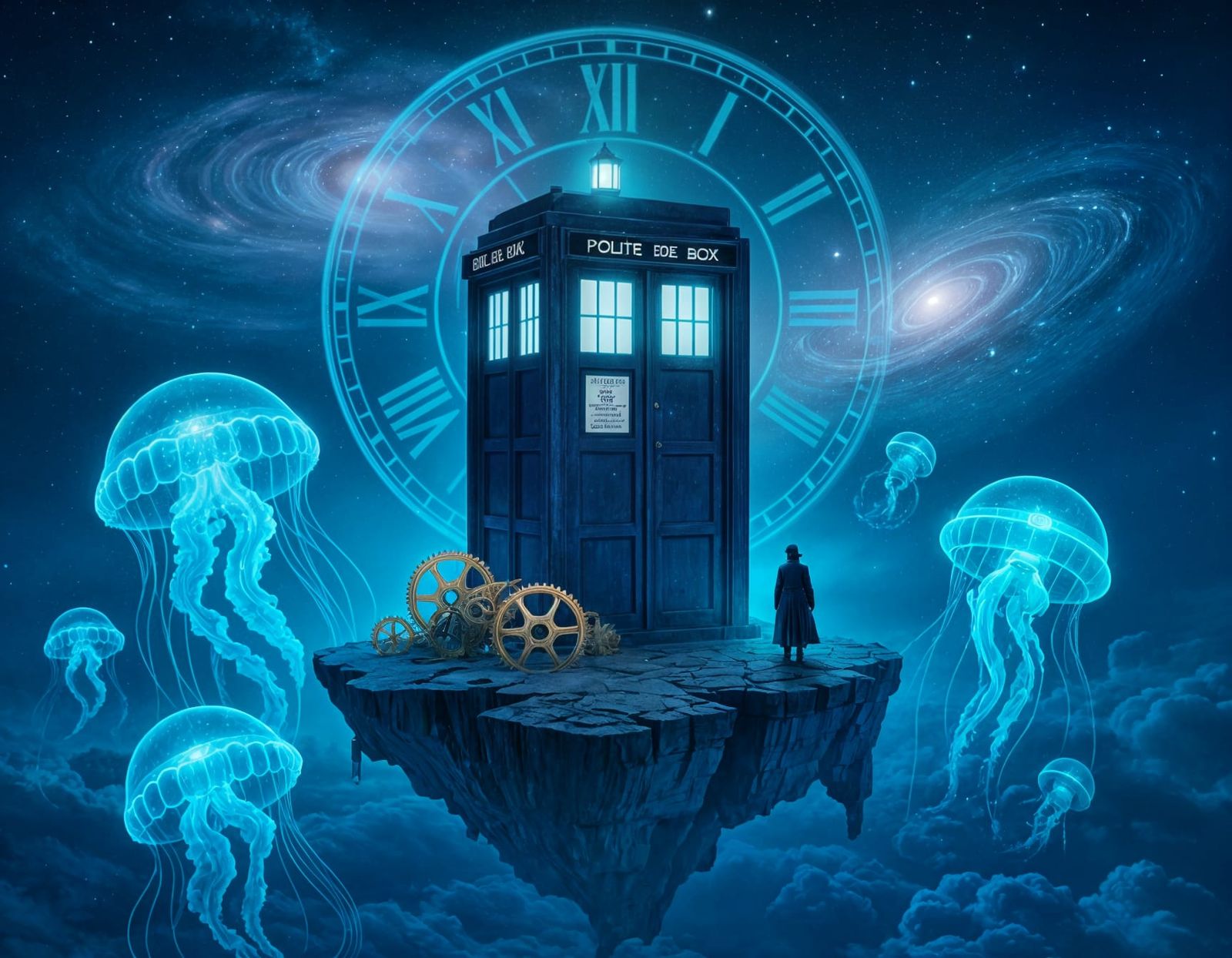 Surreal TARDIS Island in Cosmic Cloud Sea