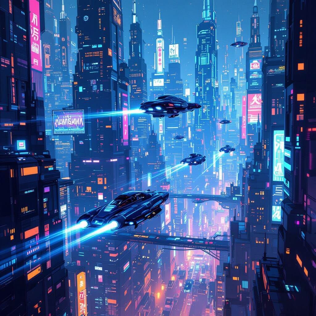 Futuristic Neon Cityscape with Flying Cars