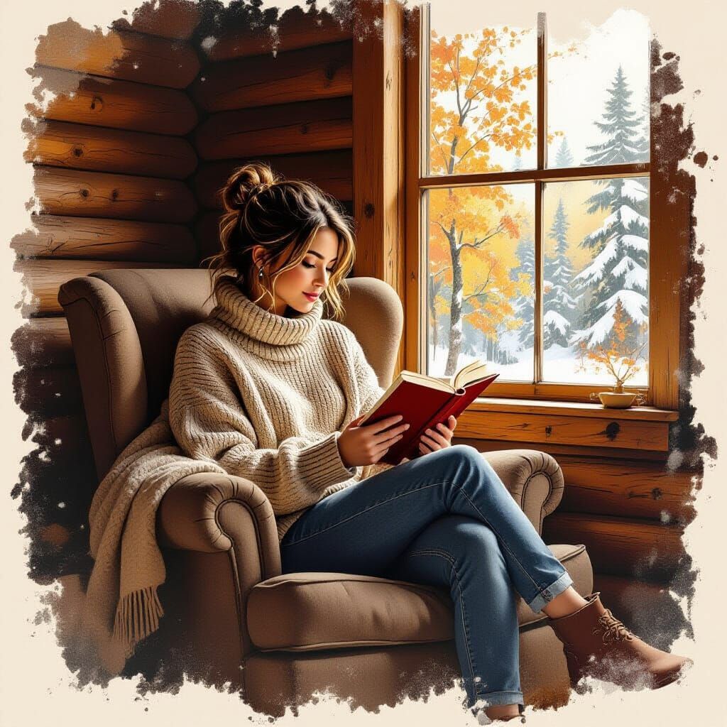 Cozy Cabin Reader in Modern Ink Painting Style