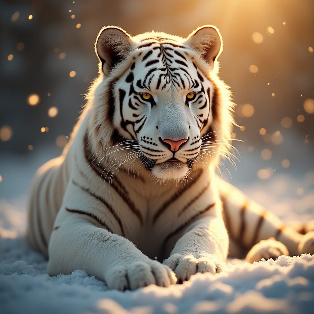 Majestic Albino Tiger Radiates Golden Light