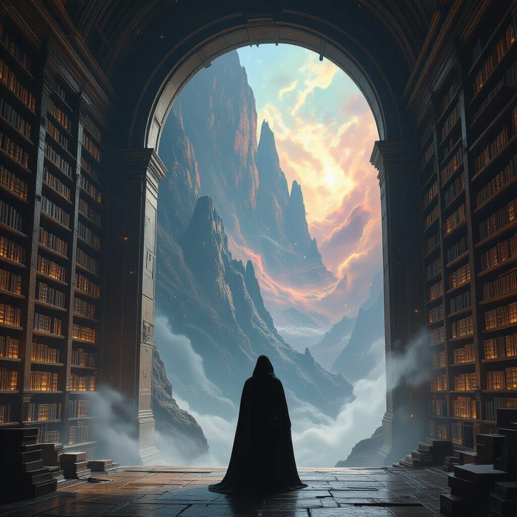 Figure in Ancient Mountain Library Gazing at Nebula