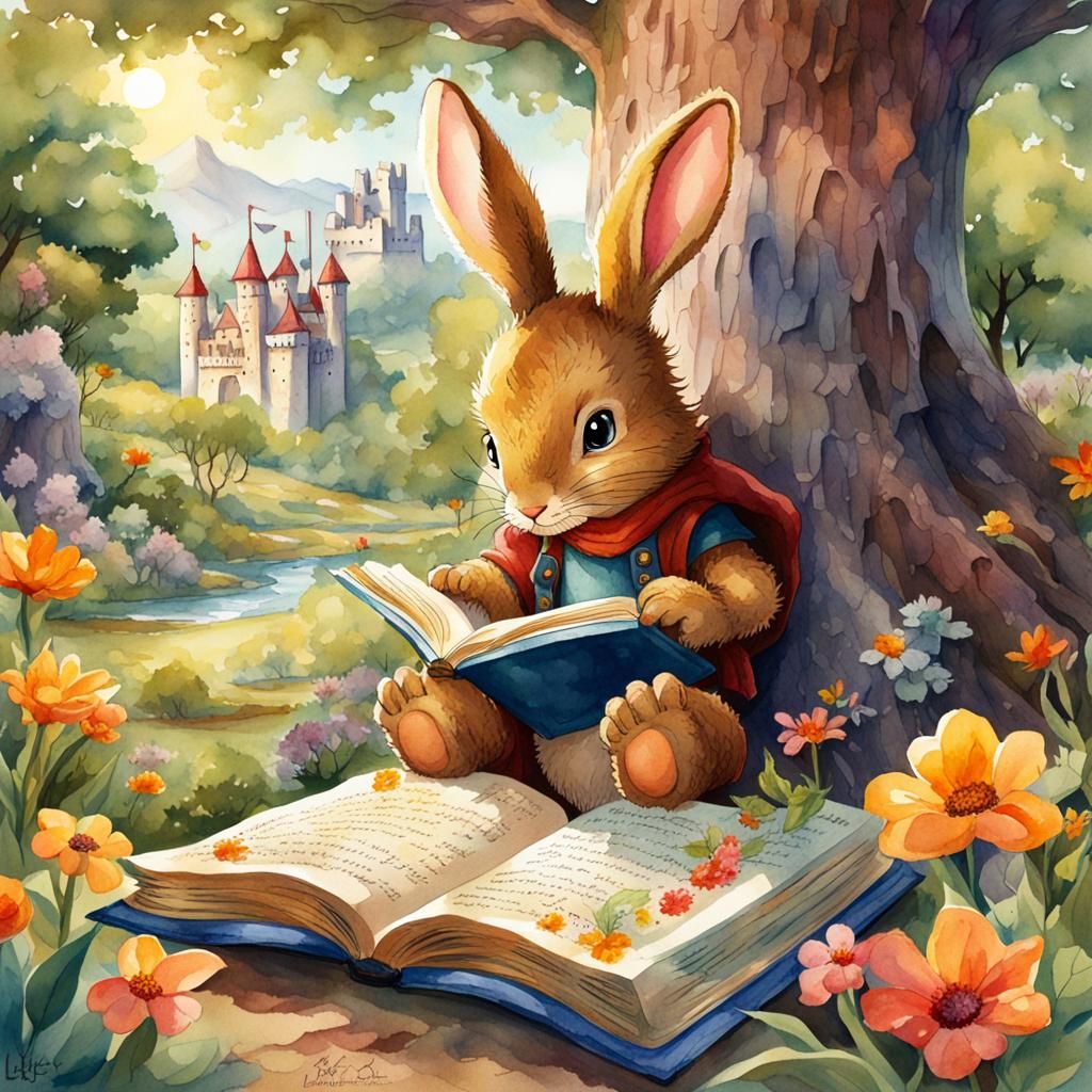 Rabbit Reading Book with Baby Dragon, Watercolor Art