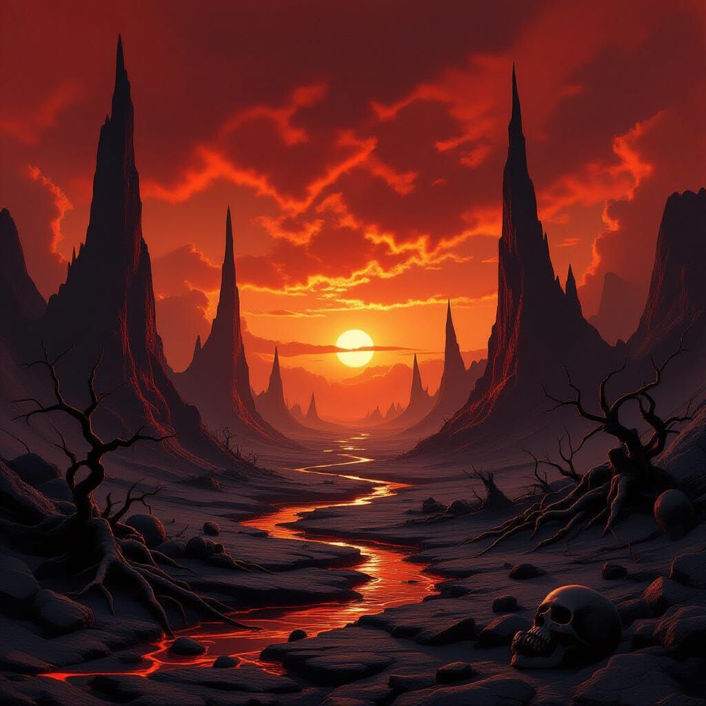 Infernal Landscape of Eternal Torment in Surrealist Style