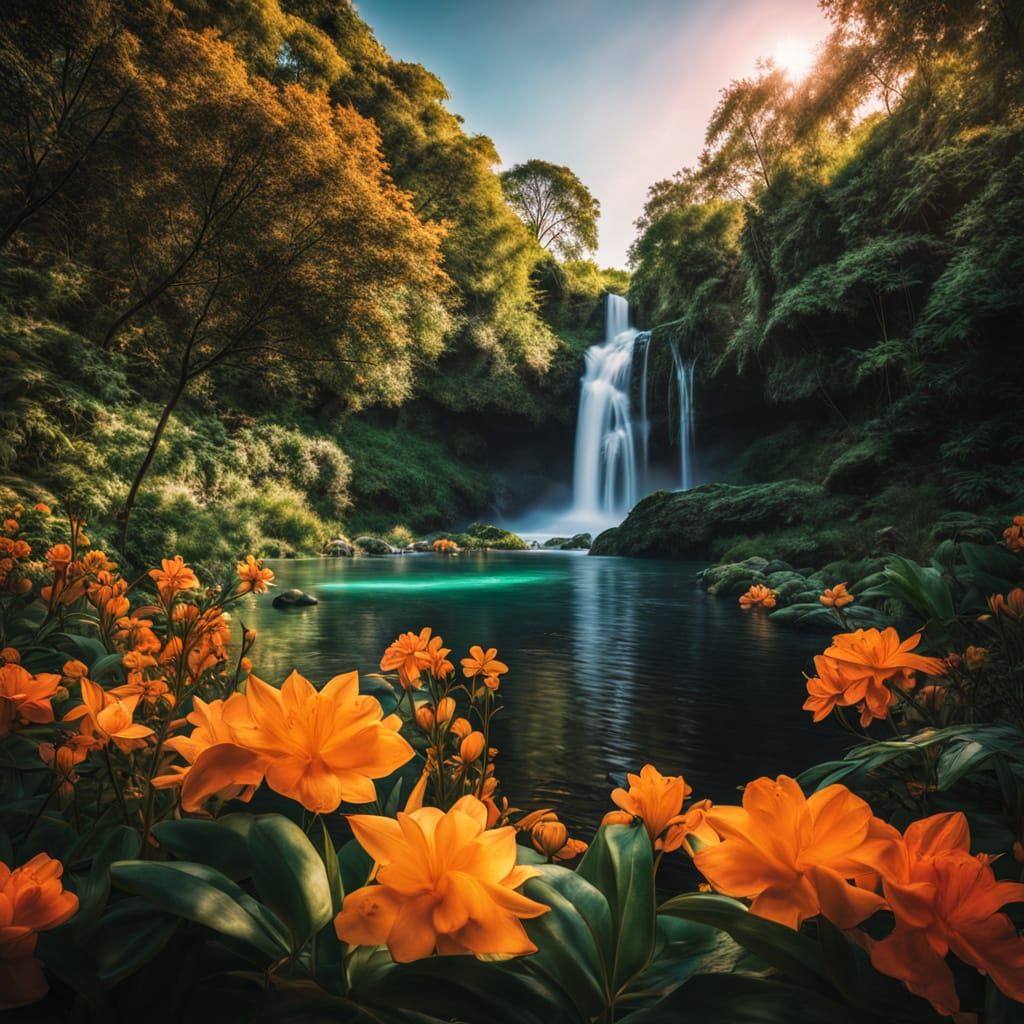 Majestic Waterfall Landscape in Hyper-Realistic Style