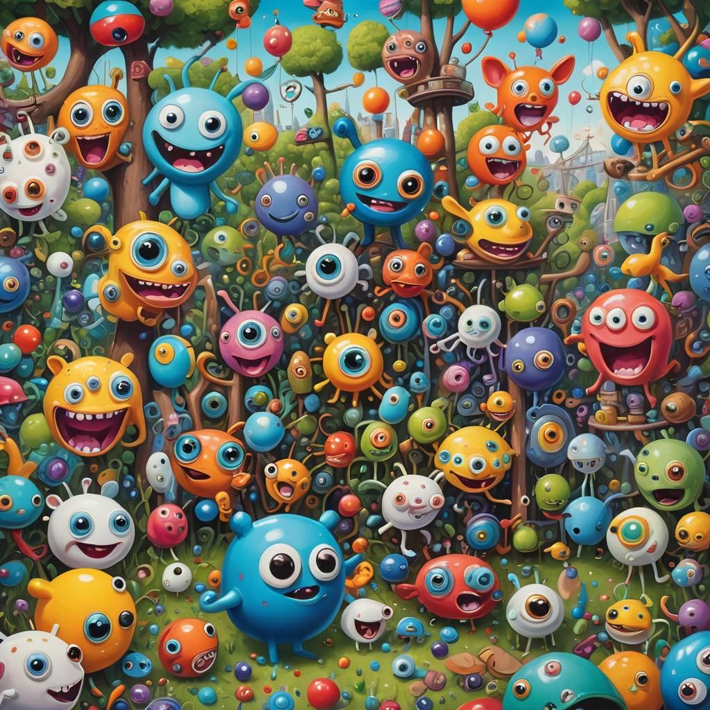 Whimsical painting capturing everyday objects and animals imbued with googly eyes, filled with vibrant colors, emitting ...