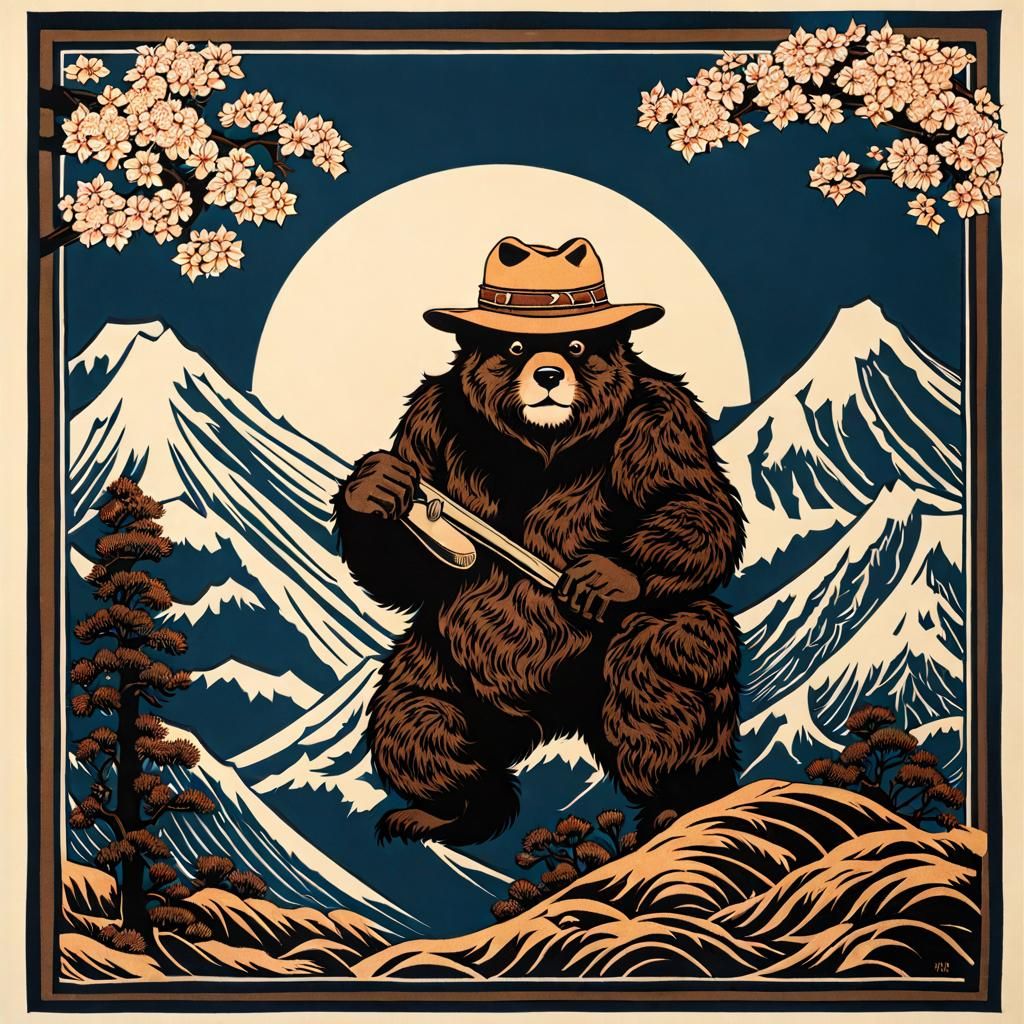 Smokey Bear in Hokusai Block Print Style