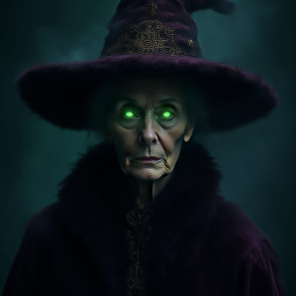 Elegant Witch Woman in Velvet Robe with Emerald Eyes