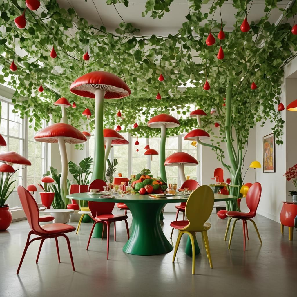 Playful Dining Area with Kinetic Sculpture Centerpiece