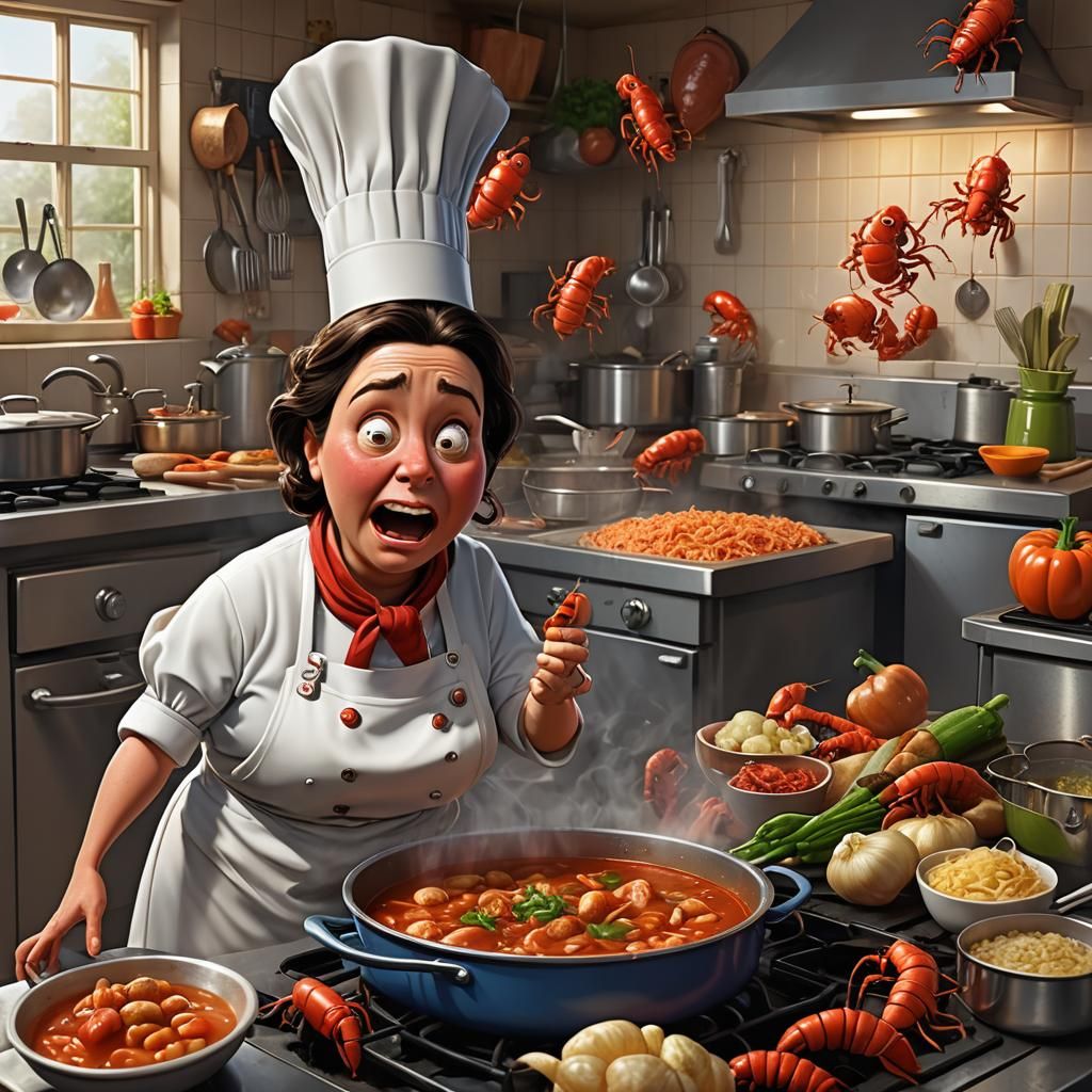 Brunette Chef's Standoff with Angry Crawfish