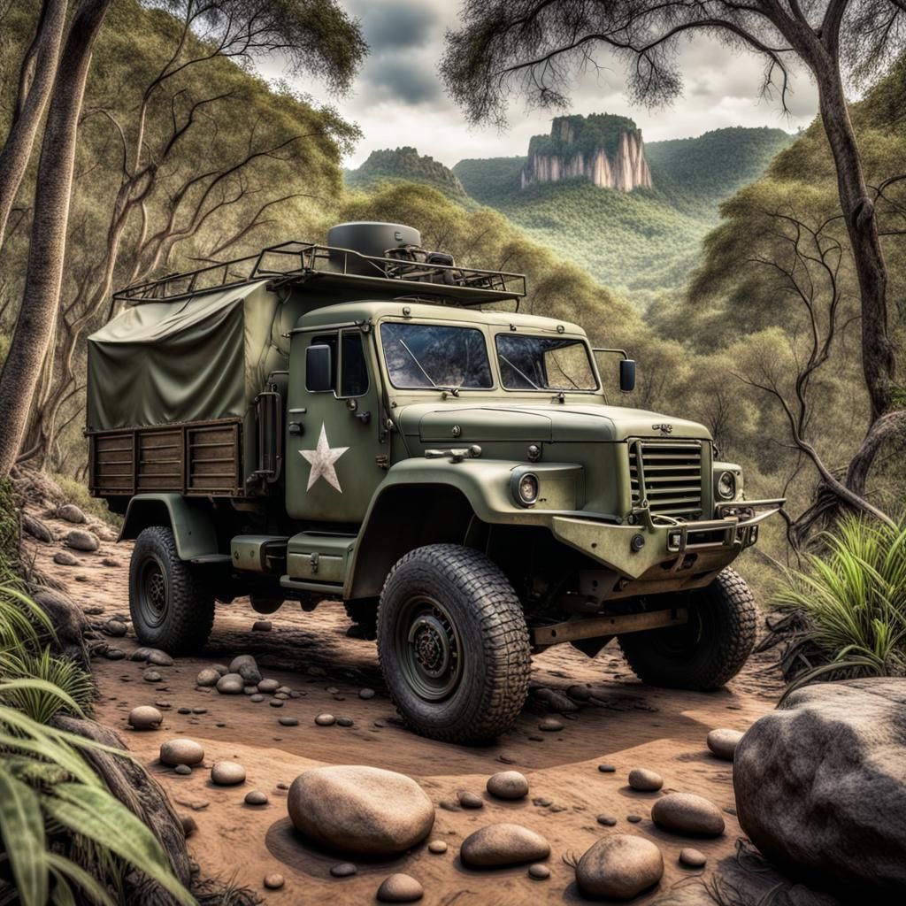 4x4 Military Truck in Forest River Scene