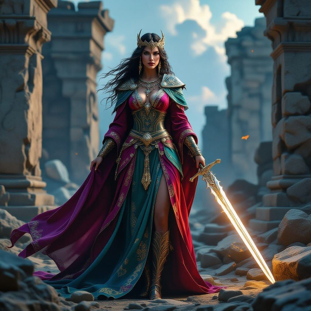 ethereal Celtic warrior queen , wearing a gorgeous colorful ...