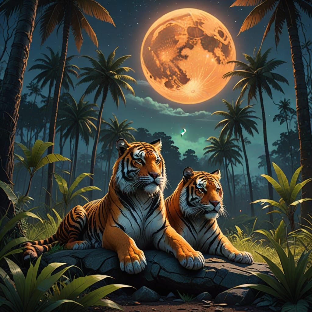 Fantasy Tiger Reclines Under Celestial Skies in Dreamy, Deta...