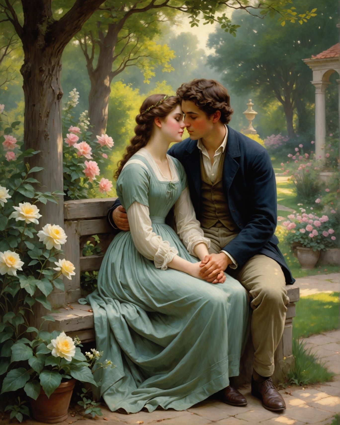 Romantic First Love Scene in Garden Setting