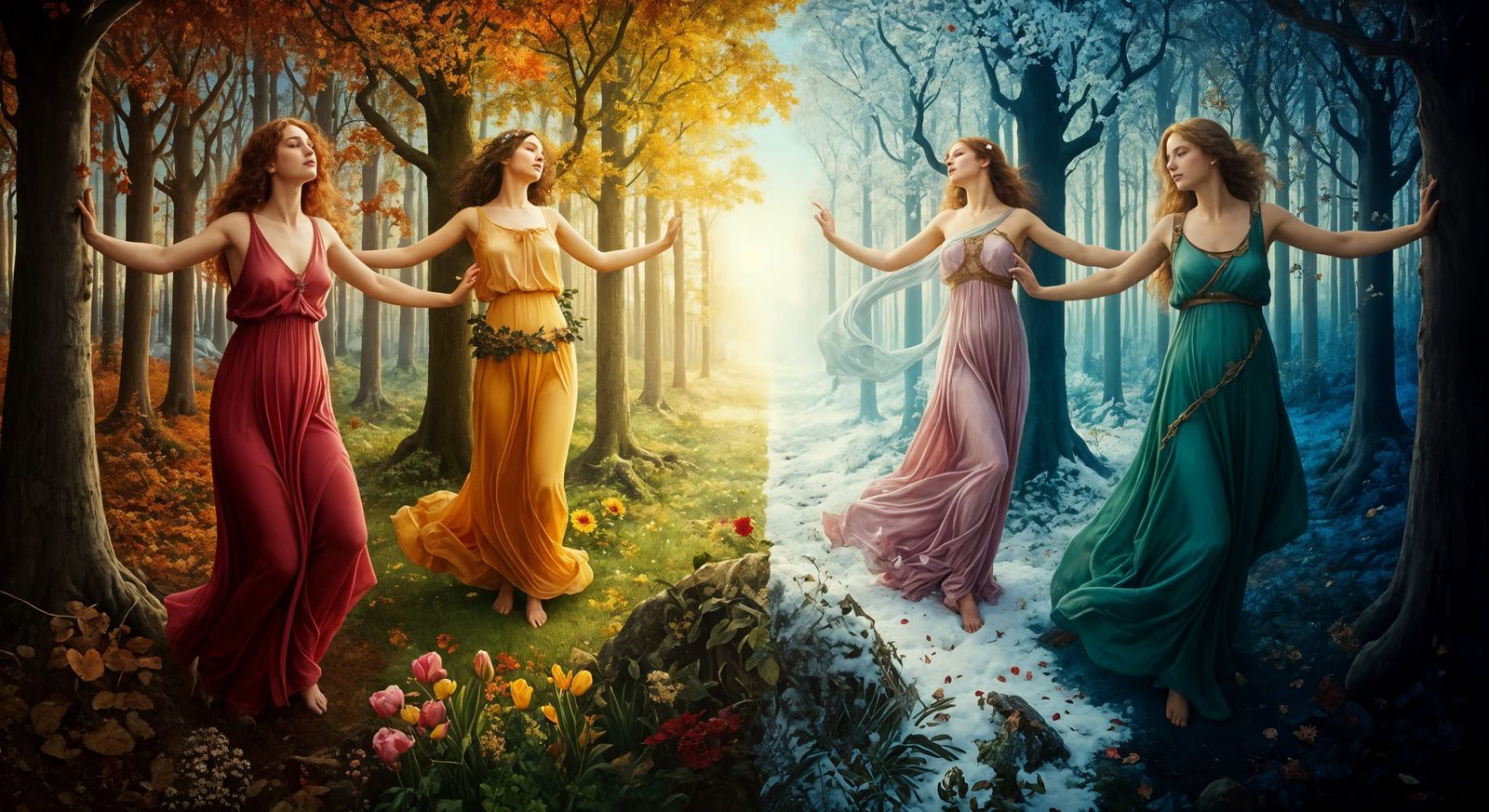 Four Seasons Dance in Dreamy Surrealist Forest