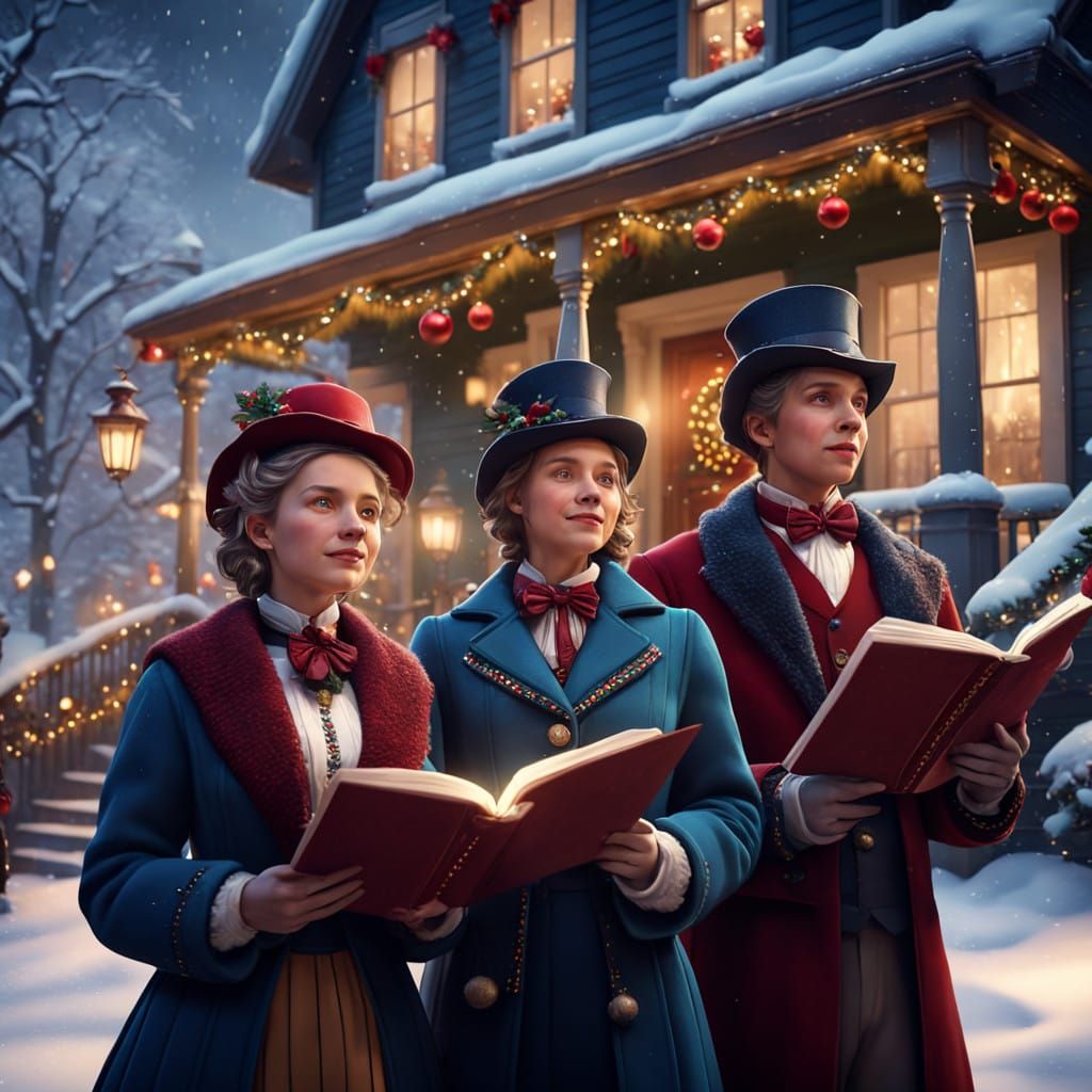 Victorian Christmas Carolers Amidst Sparkling Snowflakes and...