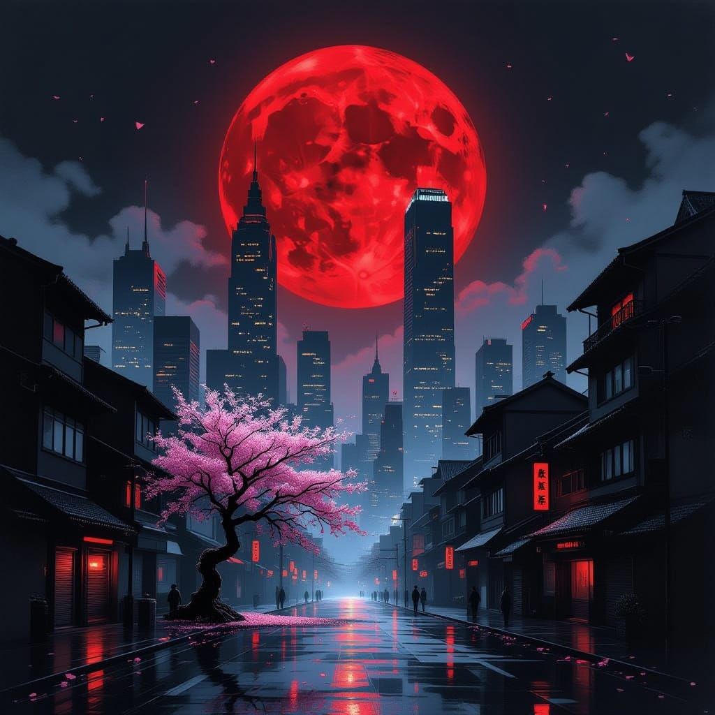 Dystopian Cityscape Under Crimson Moonlight