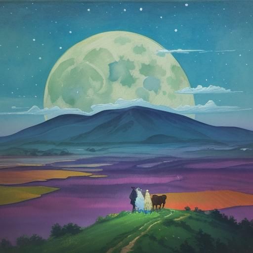 Gouache Nightscape: Impressionist Moon Over Countryside