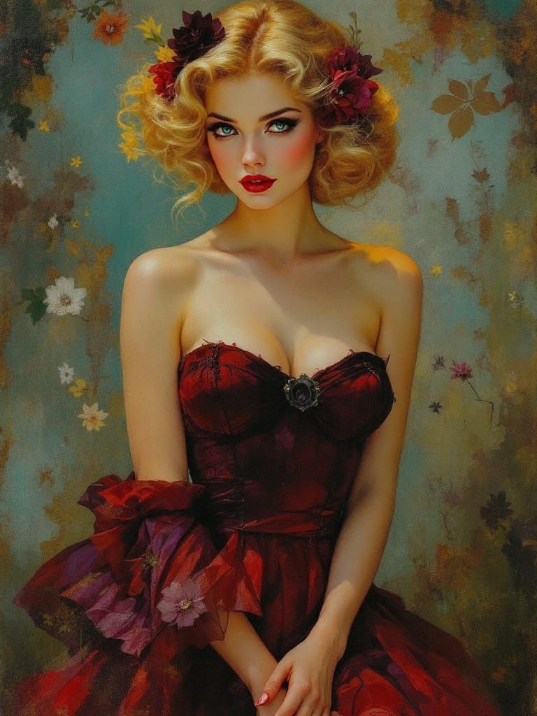 Blonde Pin-Up in Maroon Dress with Autumn Hues